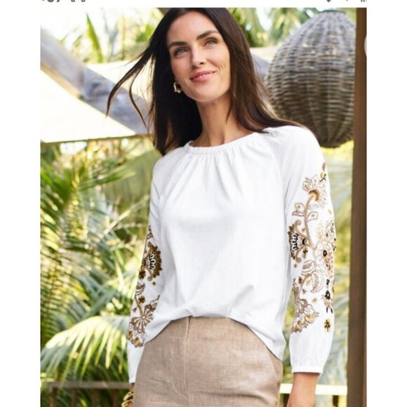 Talbot Blouson 3/4 Sleeve Top Size Large Boho Peasant Embroidered White - Picture 1 of 11